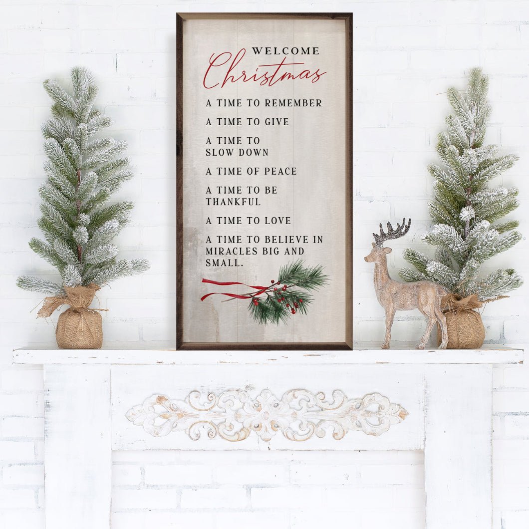 Handcrafted Walnut Framed Welcome Christmas w/ Pine Sprig Whitewash Art - The Primitive Pineapple Collection