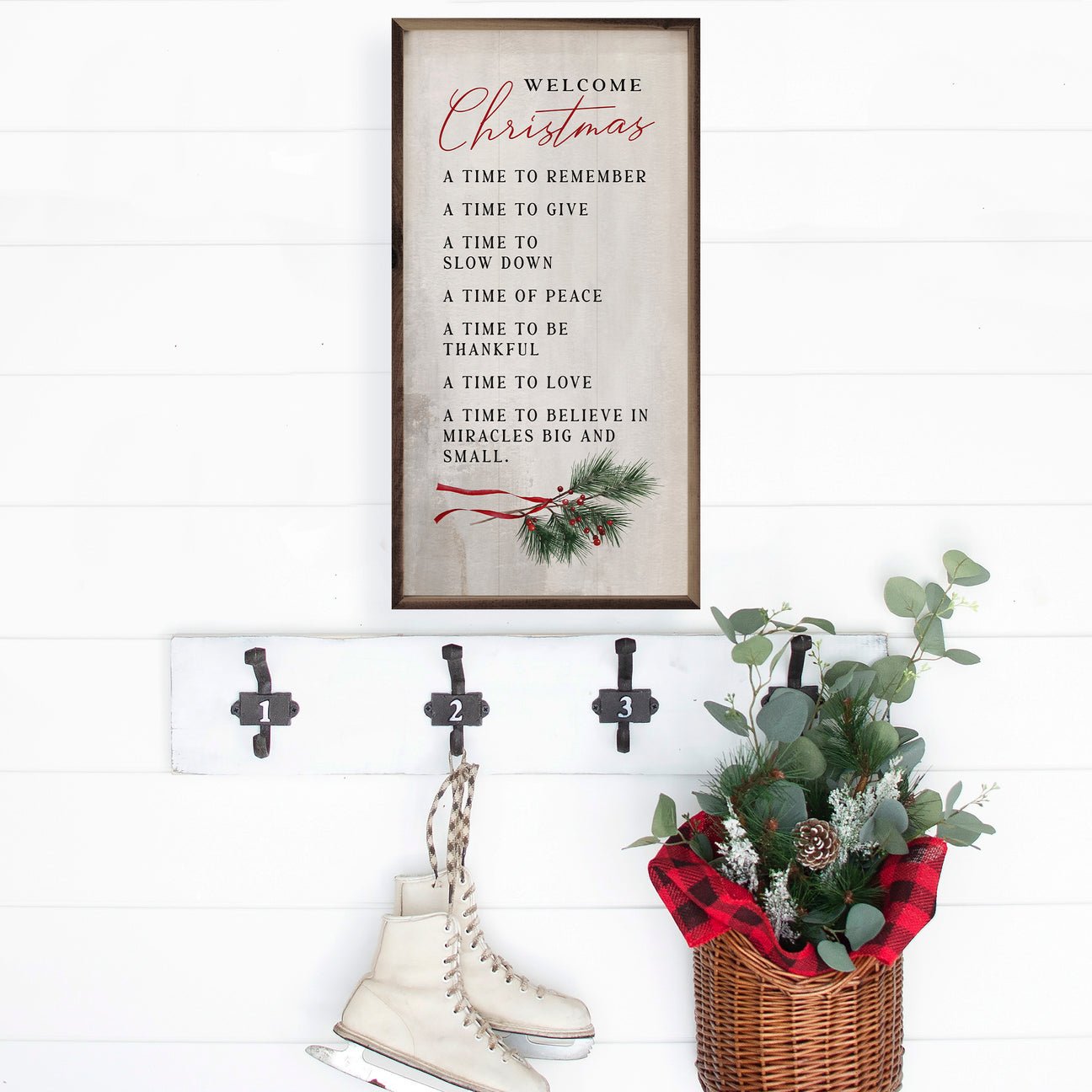 Handcrafted Walnut Framed Welcome Christmas w/ Pine Sprig Whitewash Art - The Primitive Pineapple Collection