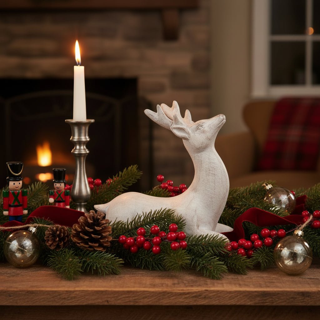 Christmas White Distressed Small Resin Upward-Look Reindeer - 4.5" - The Primitive Pineapple Collection