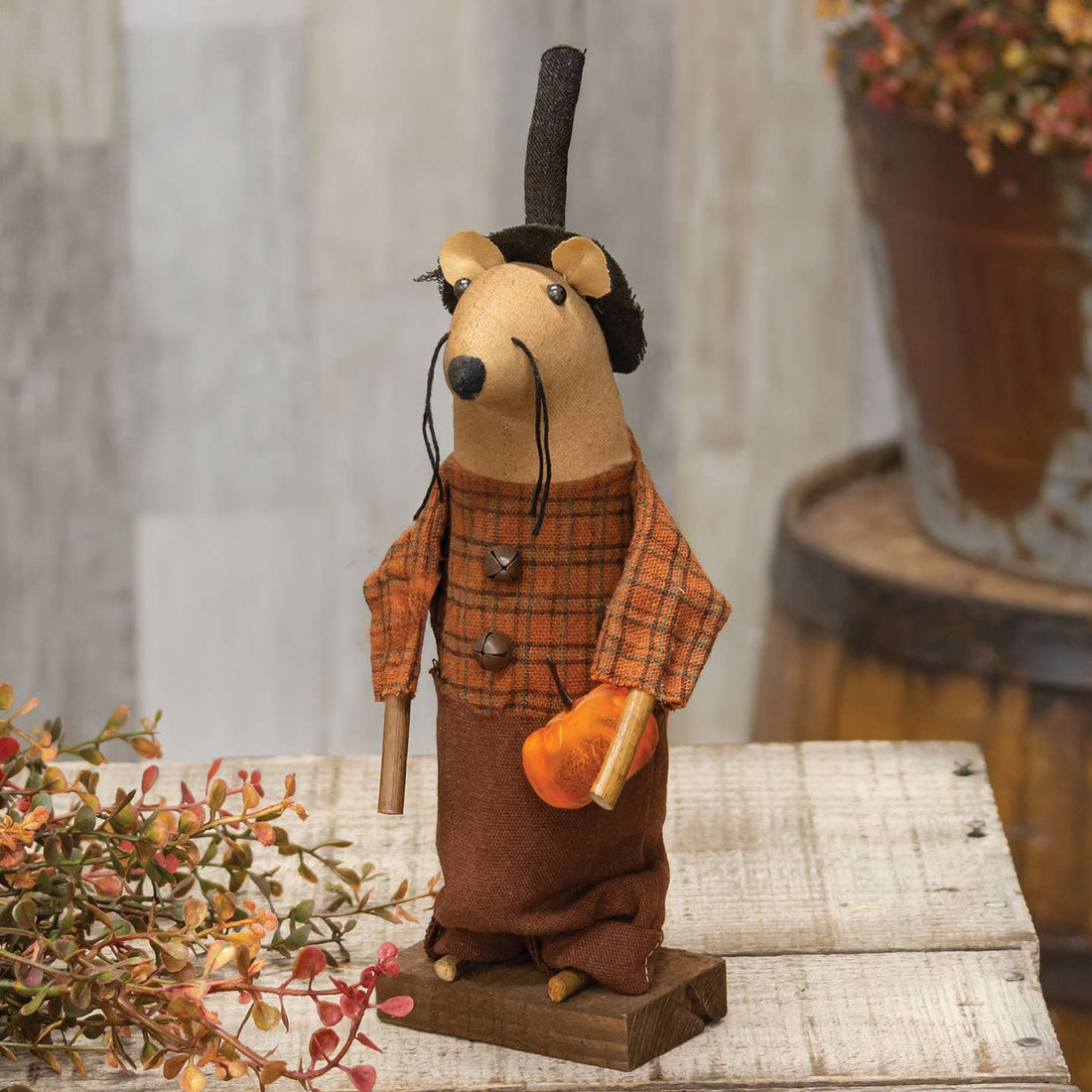 Primitive Fabric Halloween Fall Farmer Plaid Mouse W/Pumpkin On Base 10.5 - The Primitive Pineapple Collection
