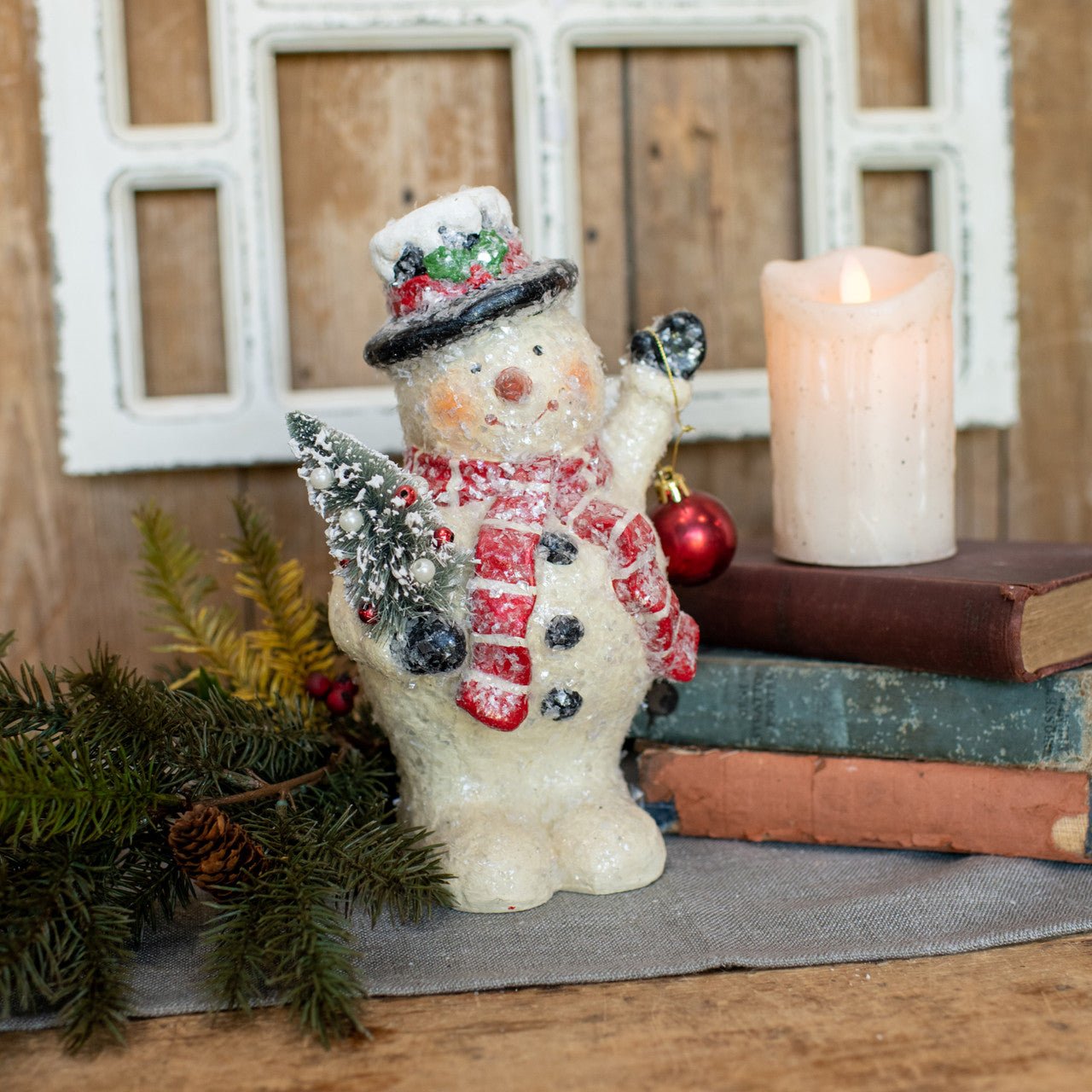 Ragon House Christmas 10" Snowman w/ Tree &amp; Bulb Authorized Dealer - The Primitive Pineapple Collection