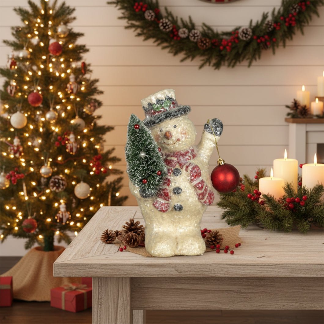 Ragon House 10.5 - inch Primitive Mache Snowman with Tree and Bulb - Vintage Christmas Decor - The Primitive Pineapple Collection