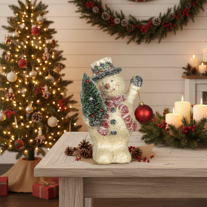 Ragon House 10.5 - inch Primitive Mache Snowman with Tree and Bulb - Vintage Christmas Decor - The Primitive Pineapple Collection