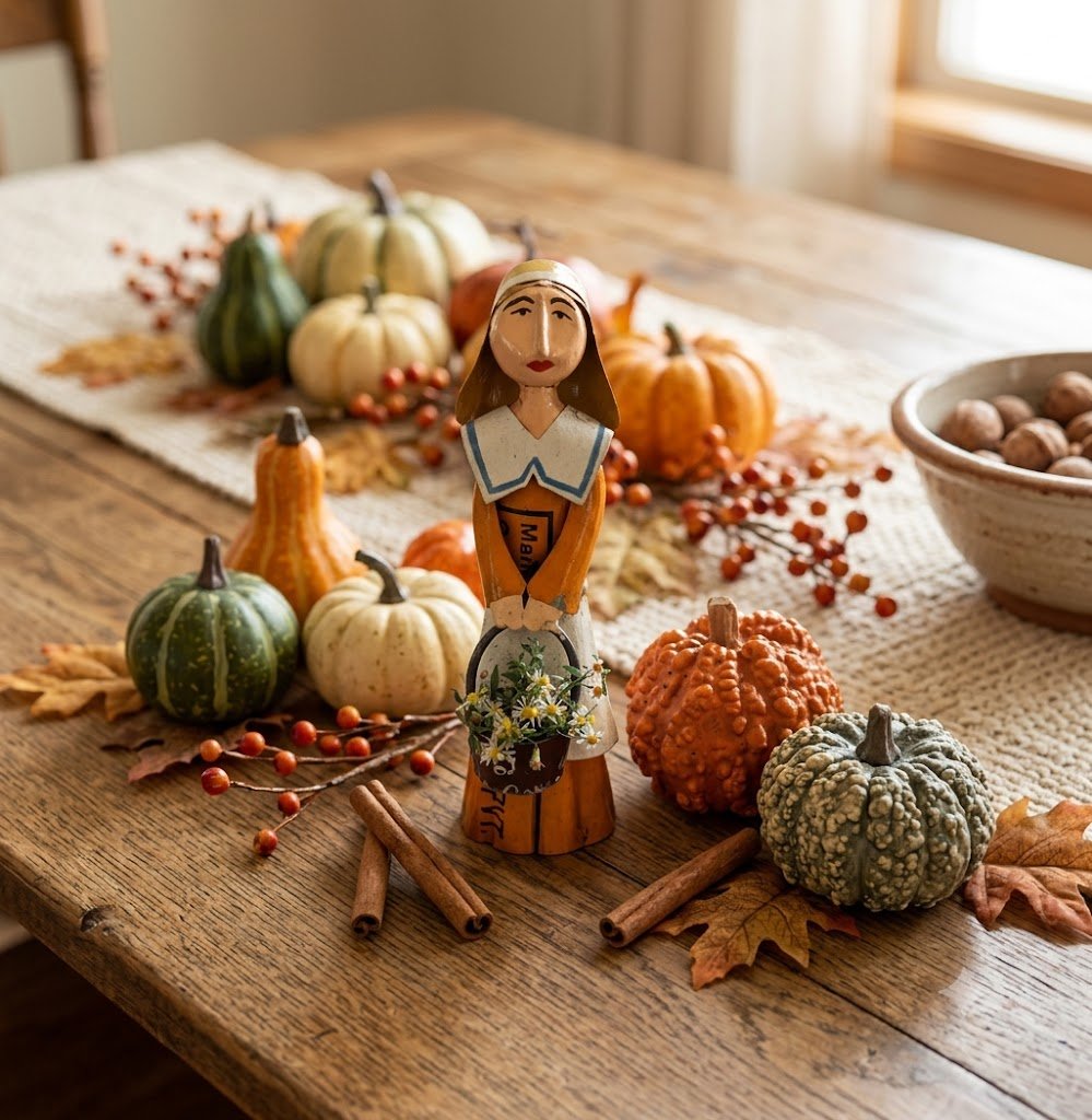 Primitive Fall Thanksgiving Recycled Metal 11.25" Pilgrim Woman w/ Pail - The Primitive Pineapple Collection