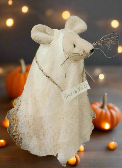 Primitive Handcrafted USA Halloween Trick or Treat Ghost Mouse Doll 9&quot;