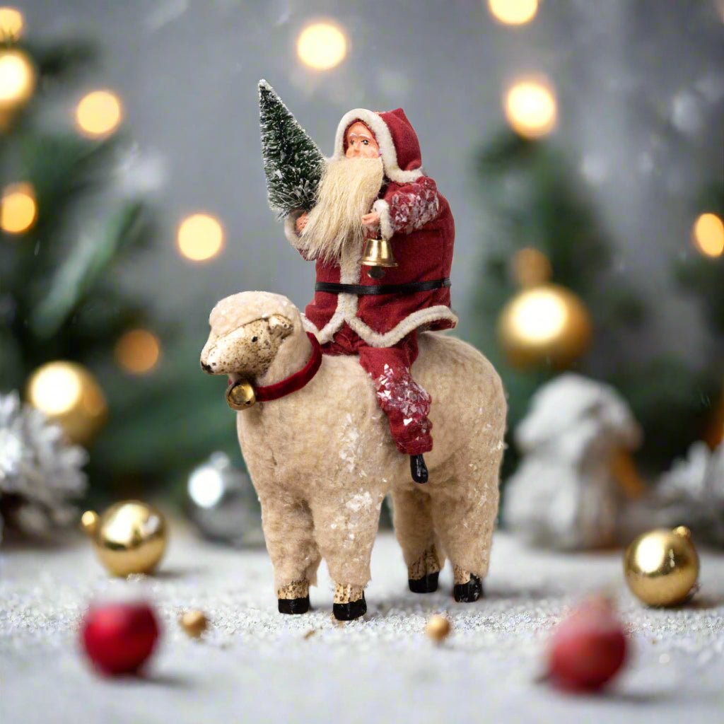 Ragon House Christmas 8&quot; Santa w/ Sheep and Bottle Brush Tree Figurine - The Primitive Pineapple Collection