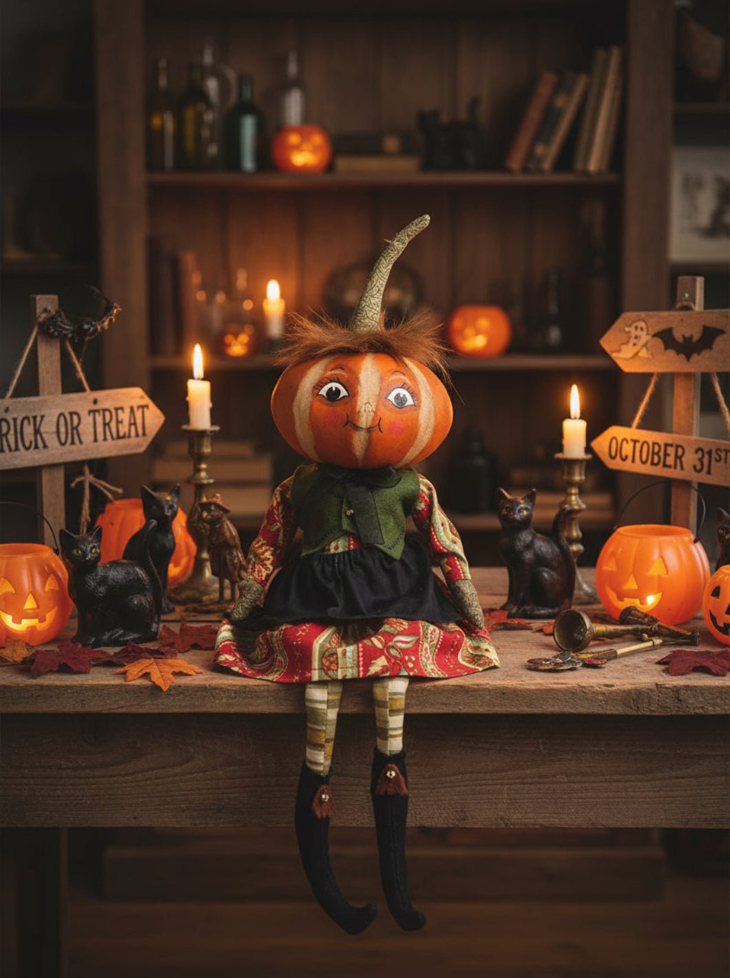 Halloween Fall Folk Art Joe Spencer Kimberly Pumpkin Head Doll 16" - The Primitive Pineapple Collection