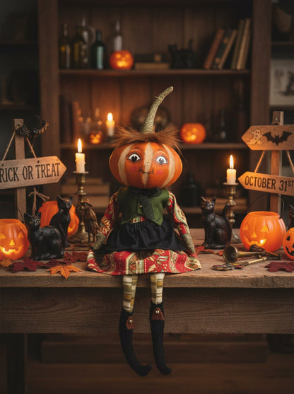 Halloween Fall Folk Art Joe Spencer Kimberly Pumpkin Head Doll 16" - The Primitive Pineapple Collection