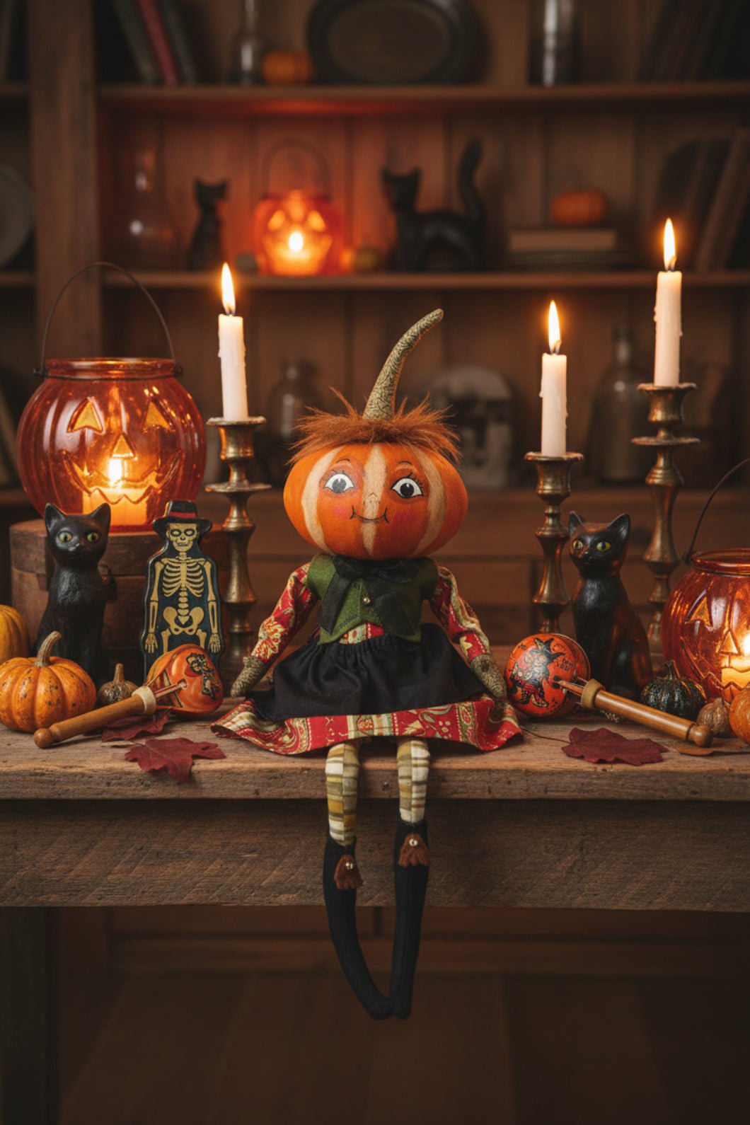 Halloween Fall Folk Art Joe Spencer Kimberly Pumpkin Head Doll 16" - The Primitive Pineapple Collection