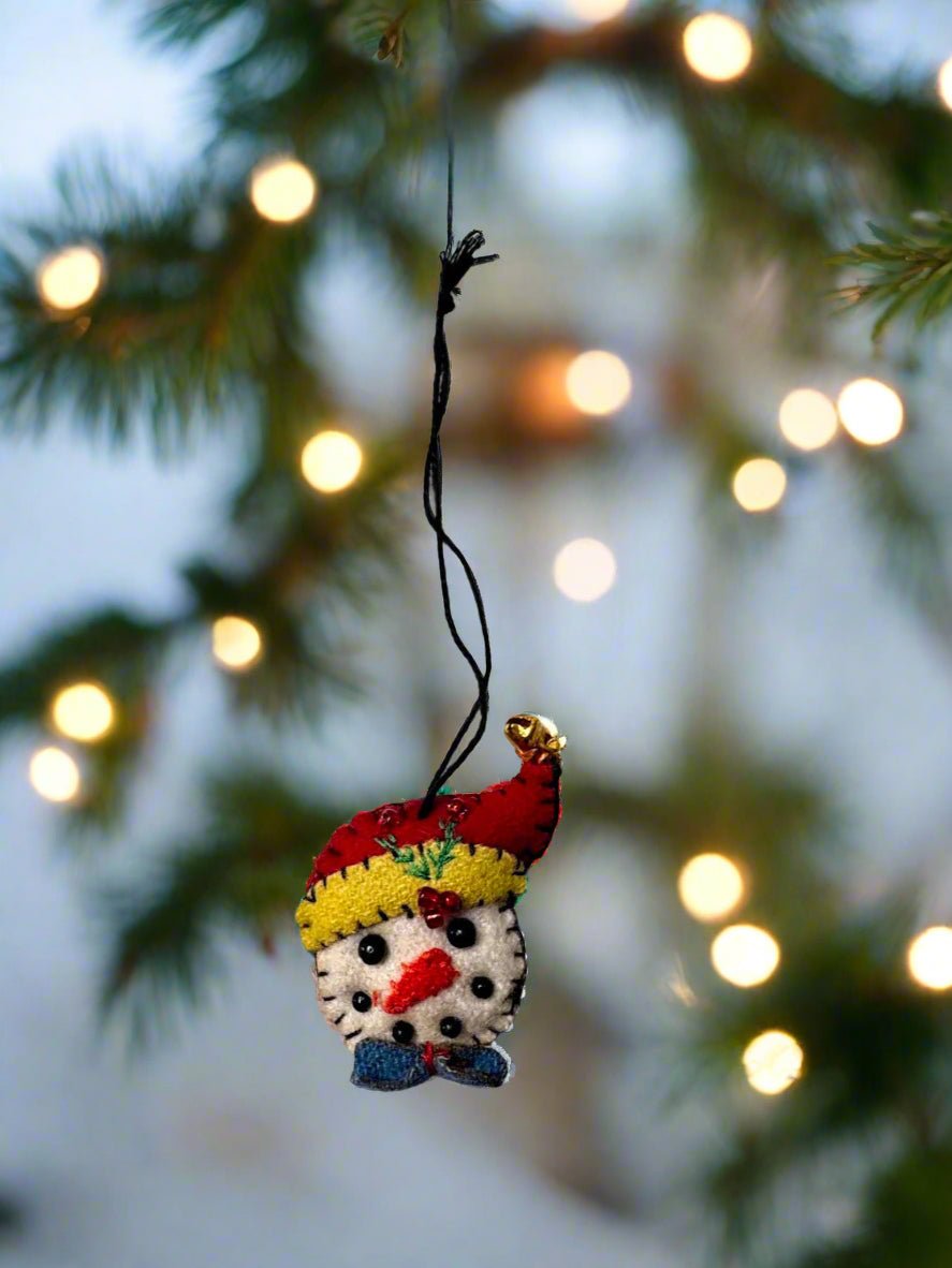 Primitive Christmas Handcrafted Felt 2” Snowman Head w/ Red Hat Ornament - The Primitive Pineapple Collection