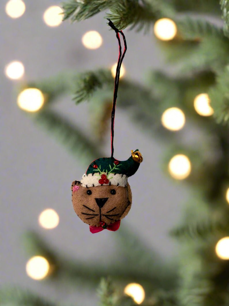 Primitive Christmas Handcrafted Felt 2” Cat with Green Santa Hat - The Primitive Pineapple Collection
