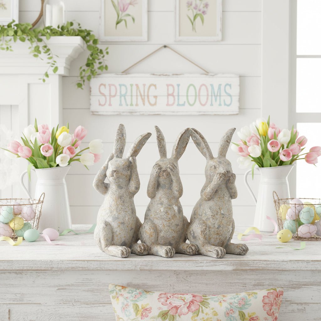 Farmhouse Spring Easter 6.25 Inch Resin Distressed Gray 3 Bunnies Figure - The Primitive Pineapple Collection