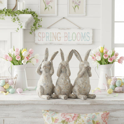 Farmhouse Spring Easter 6.25 Inch Resin Distressed Gray 3 Bunnies Figure - The Primitive Pineapple Collection