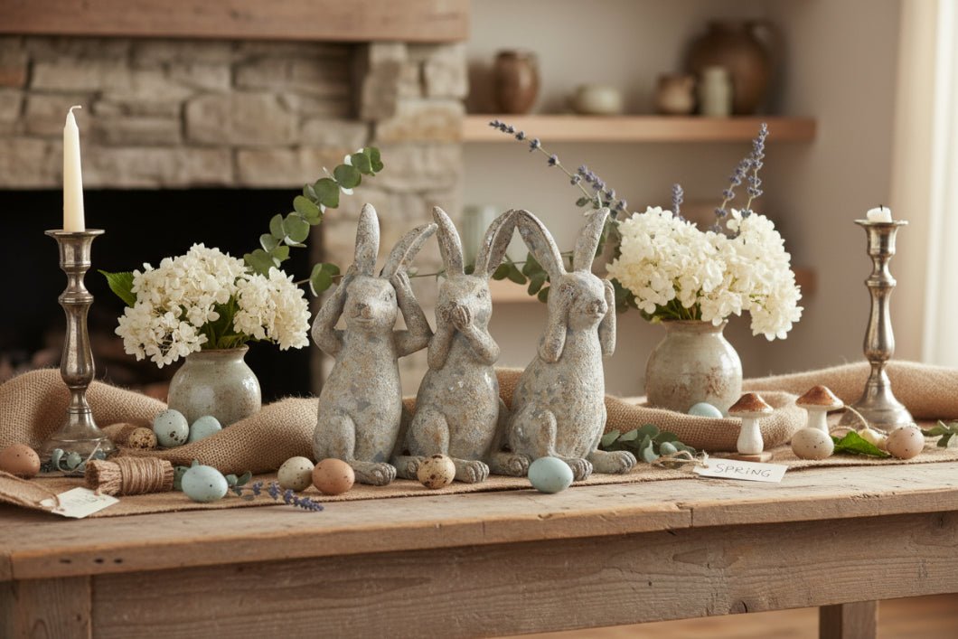 Farmhouse Spring Easter 6.25 Inch Resin Distressed Gray 3 Bunnies Figure - The Primitive Pineapple Collection