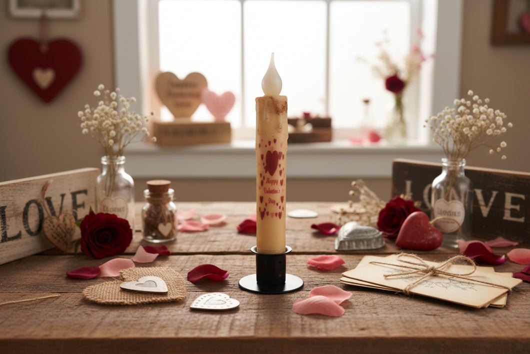 Handcrafted Spring 7" Happy Valentines Day w/ Hearts Led Timer Taper Candle - The Primitive Pineapple Collection