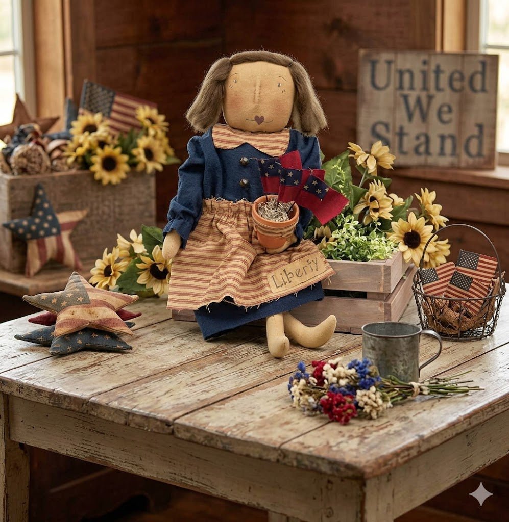 Americana 18" Vintage Stars &amp; Stripes Liberty Doll - The Primitive Pineapple Collection