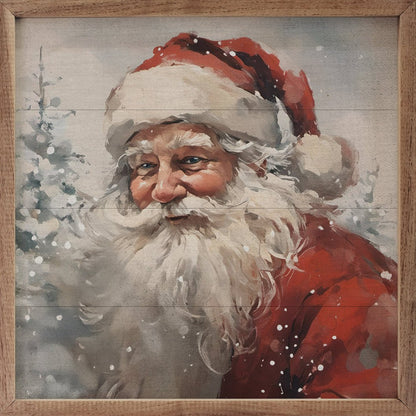 Handcrafted Walnut Framed Christmas Classic Snowy Santa Art - The Primitive Pineapple Collection