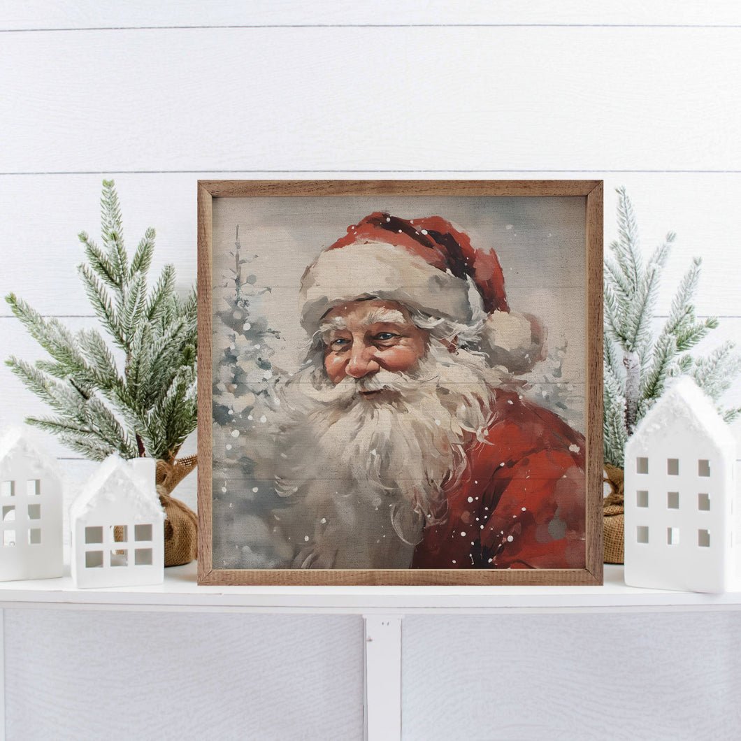 Handcrafted Walnut Framed Christmas Classic Snowy Santa Art - The Primitive Pineapple Collection