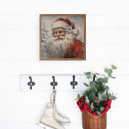 Handcrafted Walnut Framed Christmas Classic Snowy Santa Art - The Primitive Pineapple Collection
