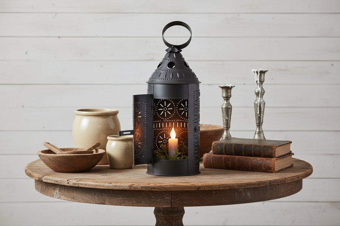 Primitive/Colonial Sturbridge 17 inch Candle Lantern  Black Punched Tin