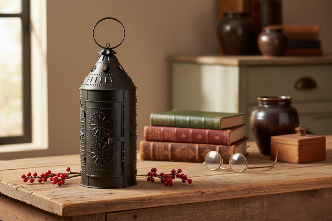 Primitive/Colonial Sturbridge 17 inch Candle Lantern Black Punched Tin - The Primitive Pineapple Collection