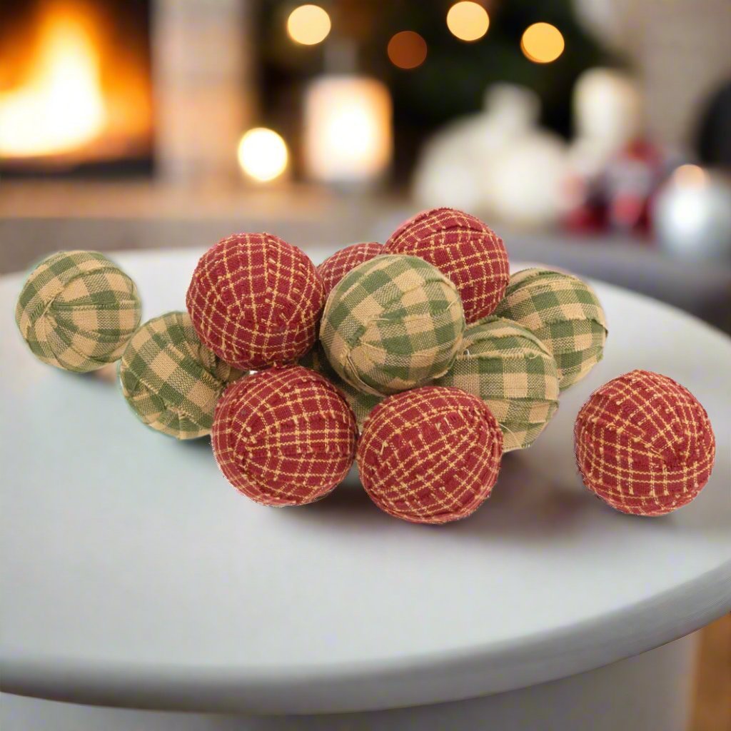 Primitive 12 pc 1.5" Small Red/Green Rag Balls Bowl Filler - The Primitive Pineapple Collection