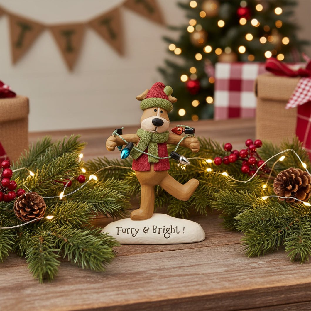 Blossom Bucket Furry &amp; Bright Dog W/ Christmas Lights Shelf Sitter - The Primitive Pineapple Collection