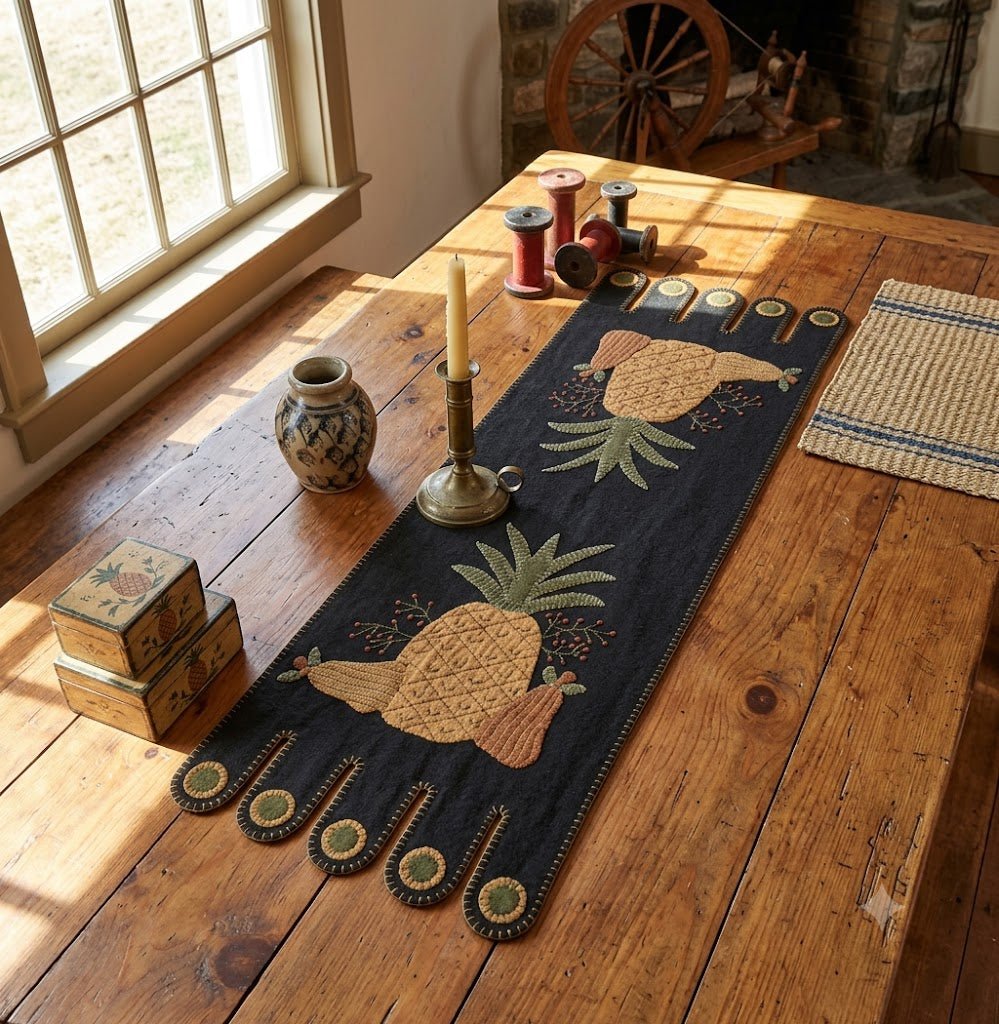 Primitive Farmhouse 14" x 36" Applique Pineapple Table Runner Folk Art - The Primitive Pineapple Collection
