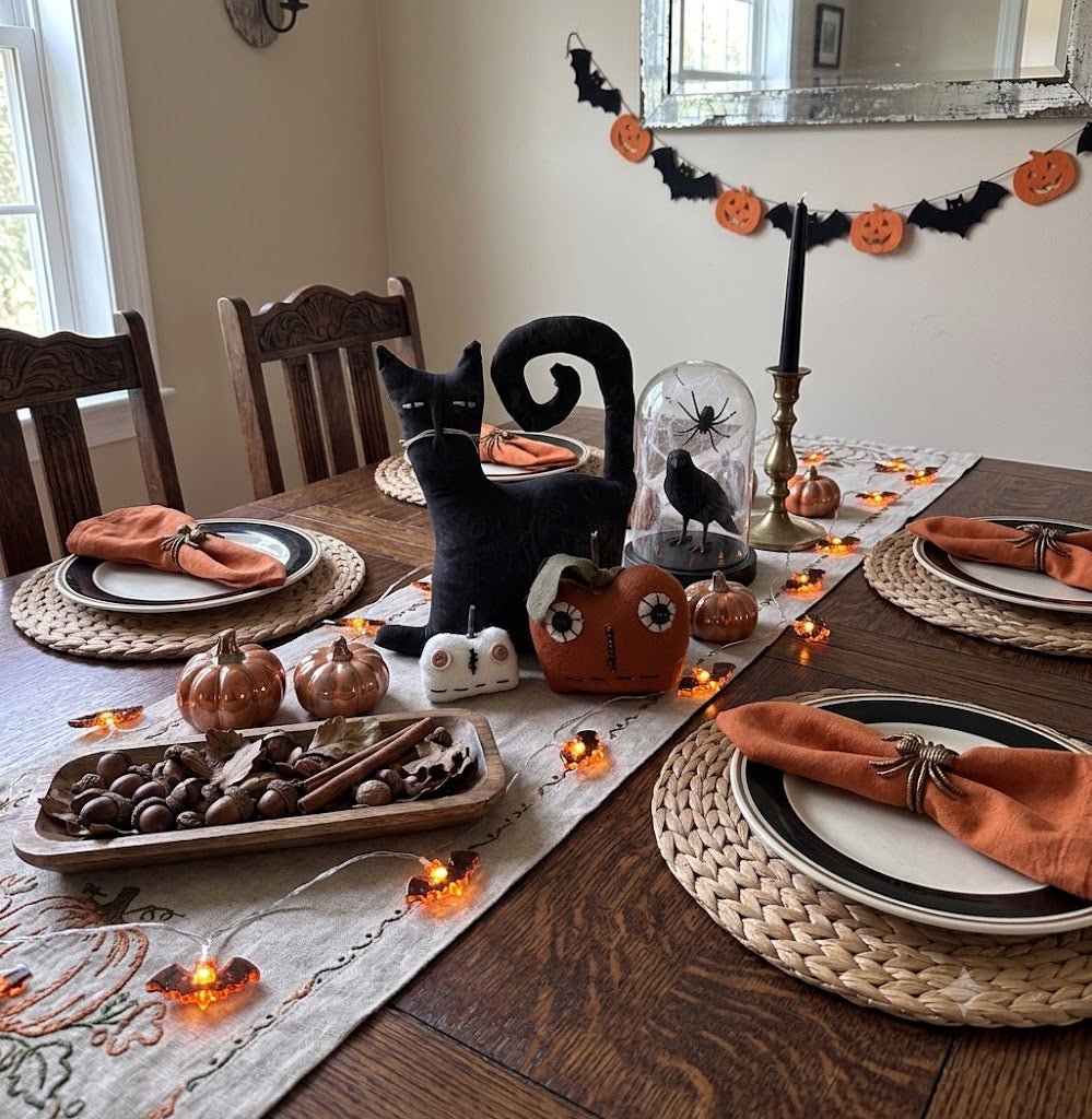 Primitive Fall Halloween Handcrafted 3pc Tom Cat with Jack O lanterns Shelf Sitter - The Primitive Pineapple Collection