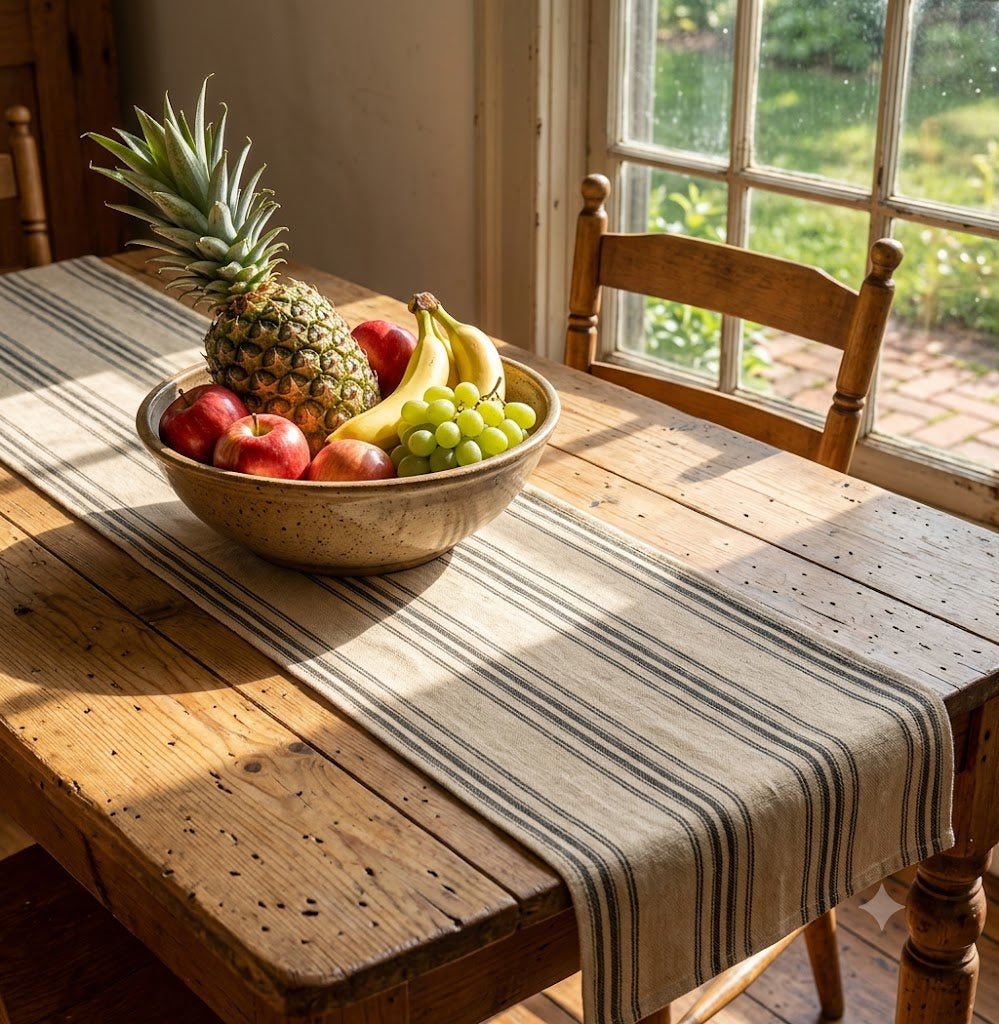 Primitive Colonial Farmhouse Black Stripe Oat Grain Sack Table Runner 14x45" - The Primitive Pineapple Collection