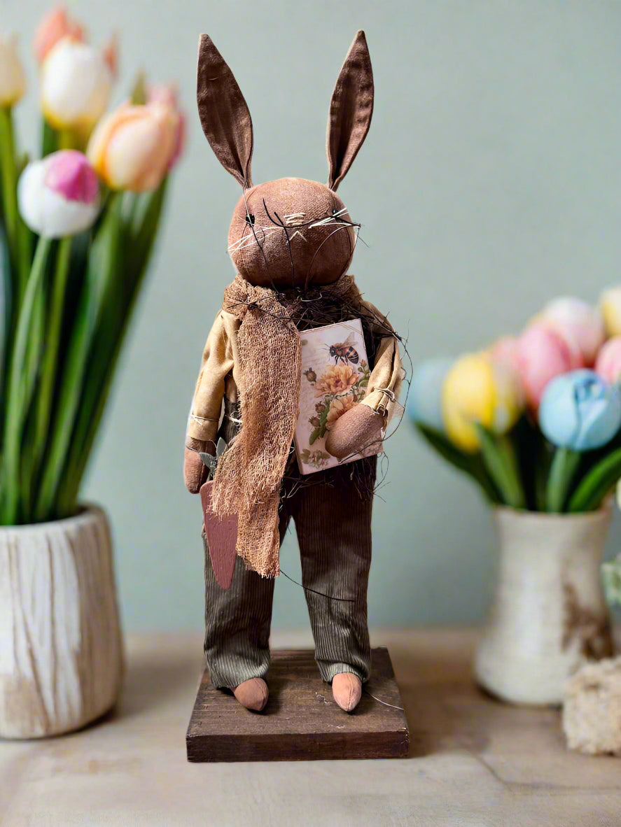 Primitive Folk Art USA Spring/Easter Bunny w/ Vintage Bee Book 18&quot;