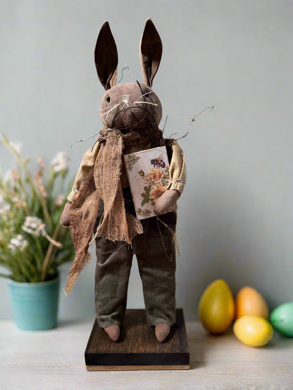 Primitive Folk Art USA Spring/Easter Bunny w/ Vintage Bee Book 18&quot;