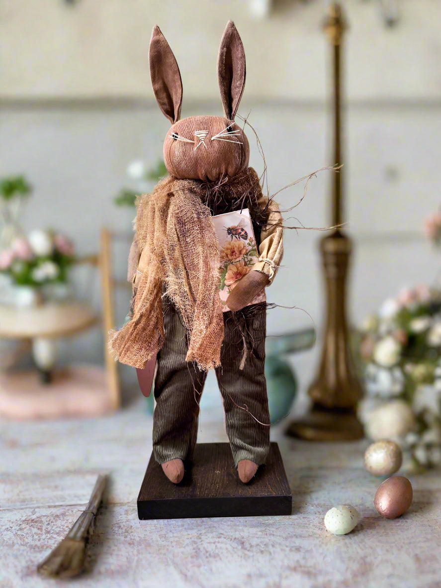 Primitive Folk Art USA Spring/Easter Bunny w/ Vintage Bee Book 18&quot;