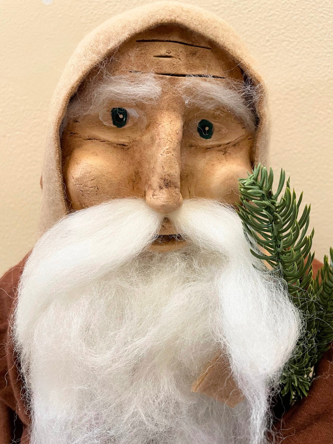 Primitive Christmas Hand Sculpted Clay Face Santa Brown Doll 18&quot;