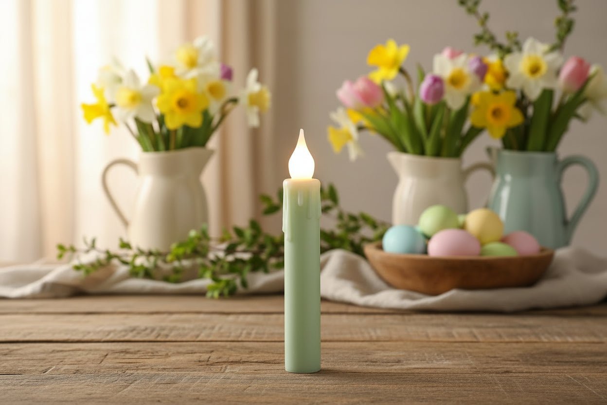 Spring Easter Handcrafted 7” Pastel Light Sage Green Led Timer Taper Candle - The Primitive Pineapple Collection