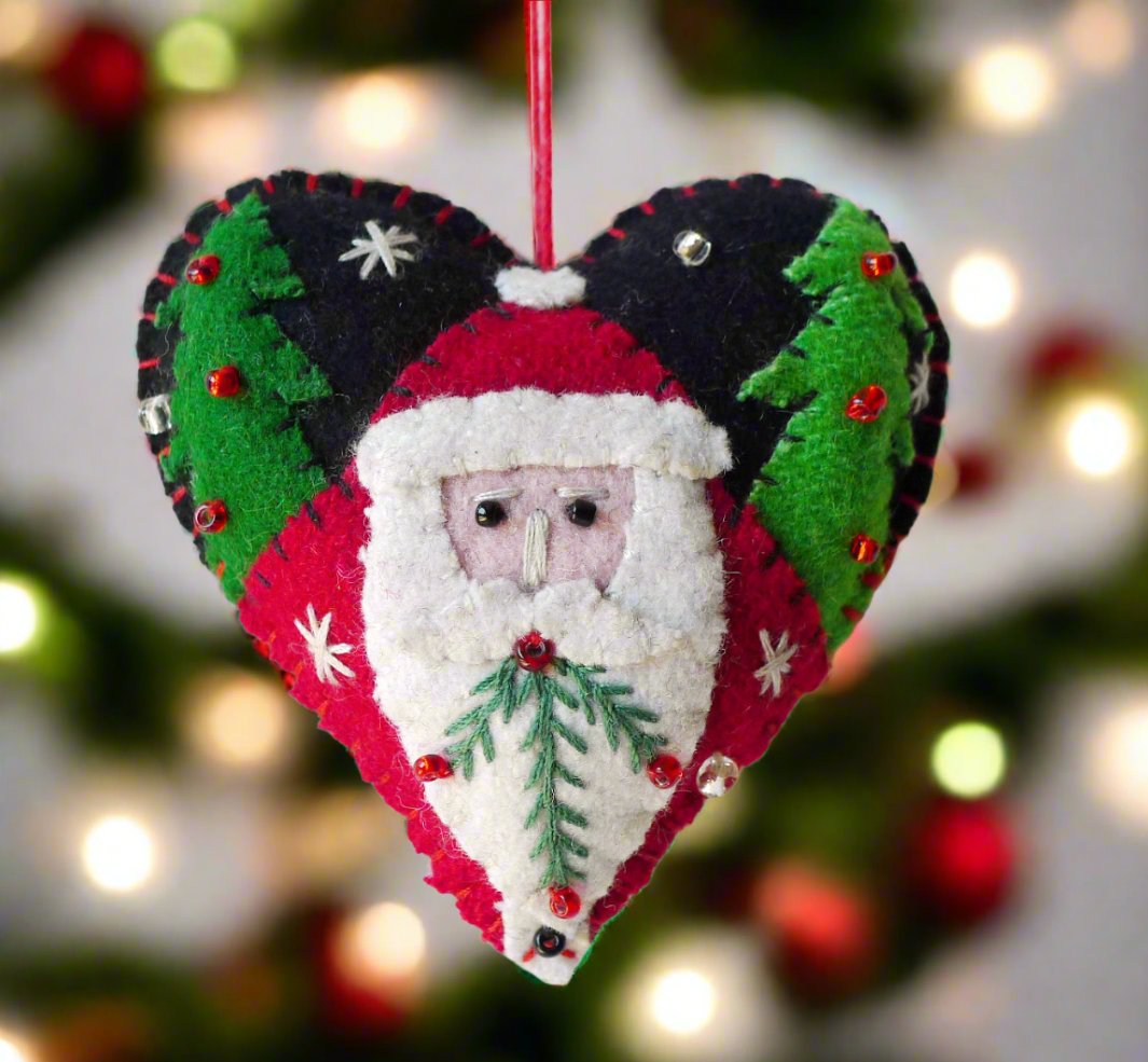 Primitive Christmas Handcrafted Felt 3&quot; Black Heart w/Santa Ornament