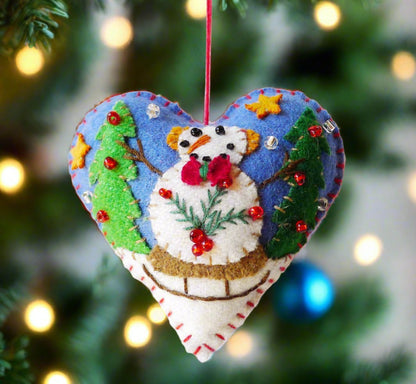 Primitive Christmas Handcrafted Felt 3” Blue Heart with Snowman w/ Greens Ornament - The Primitive Pineapple Collection