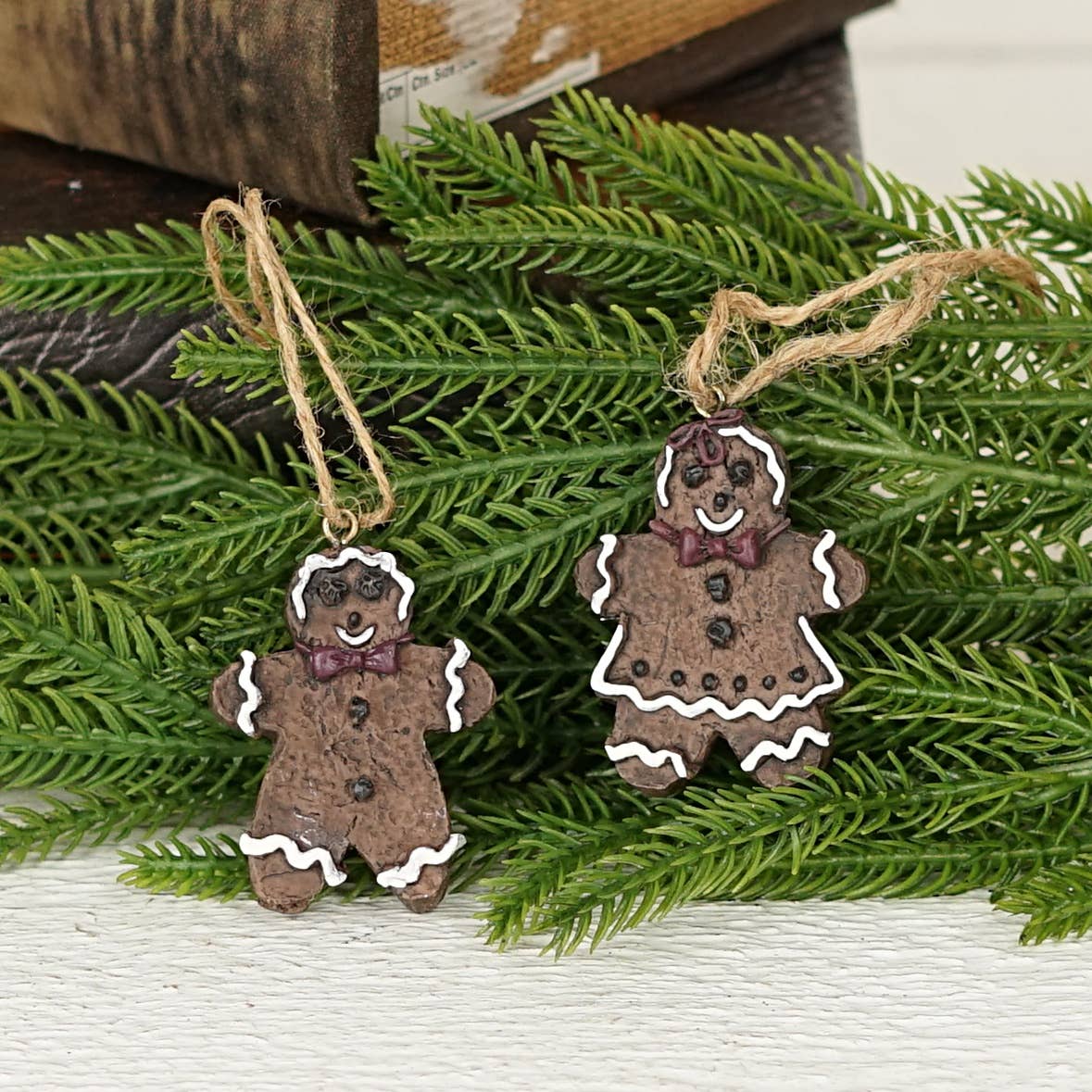 Primitive Christmas 2 pc Set of 2&quot; Chocolate Gingerbread Kids Ornament - The Primitive Pineapple Collection