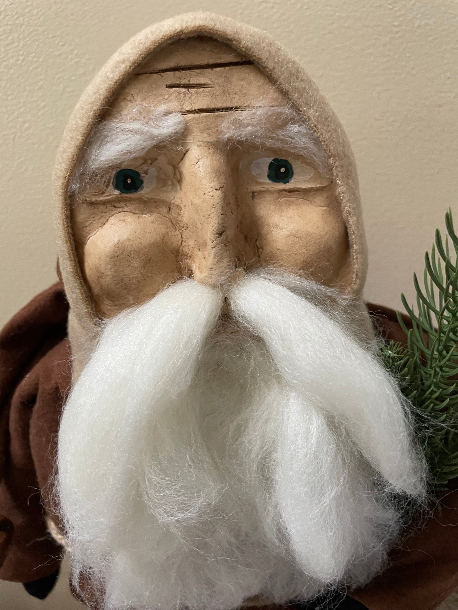 Primitive Christmas Hand Sculpted Clay Face Santa Brown Doll 19&quot;