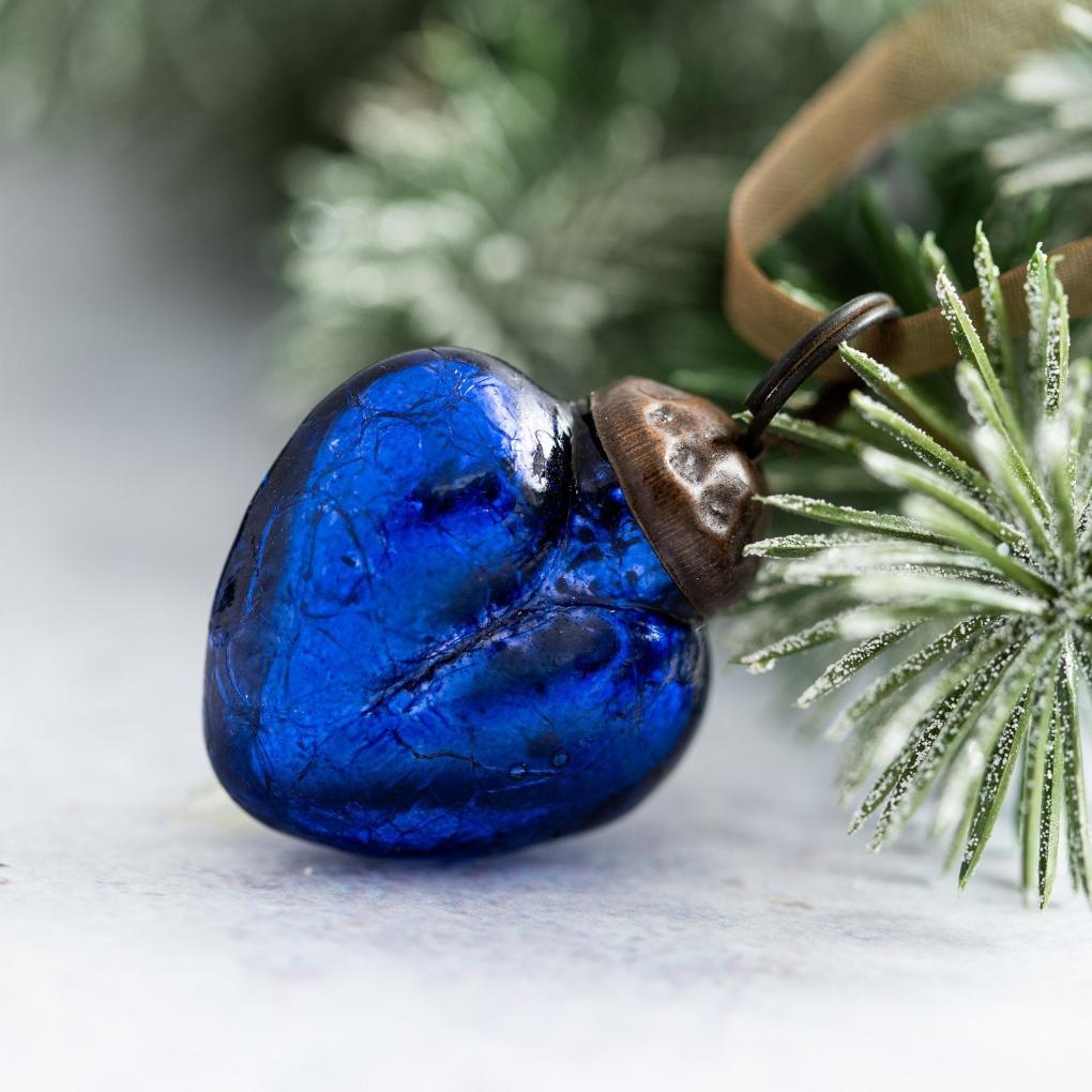 Christmas Handmade 1” Crackle Cobolt Heart Ornaments 6 pc Set - The Primitive Pineapple Collection