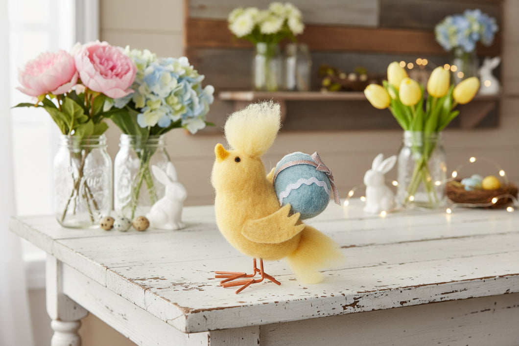 Primitive Farmhouse Spring 3.5” Felt Chick with Egg Figurine - The Primitive Pineapple Collection
