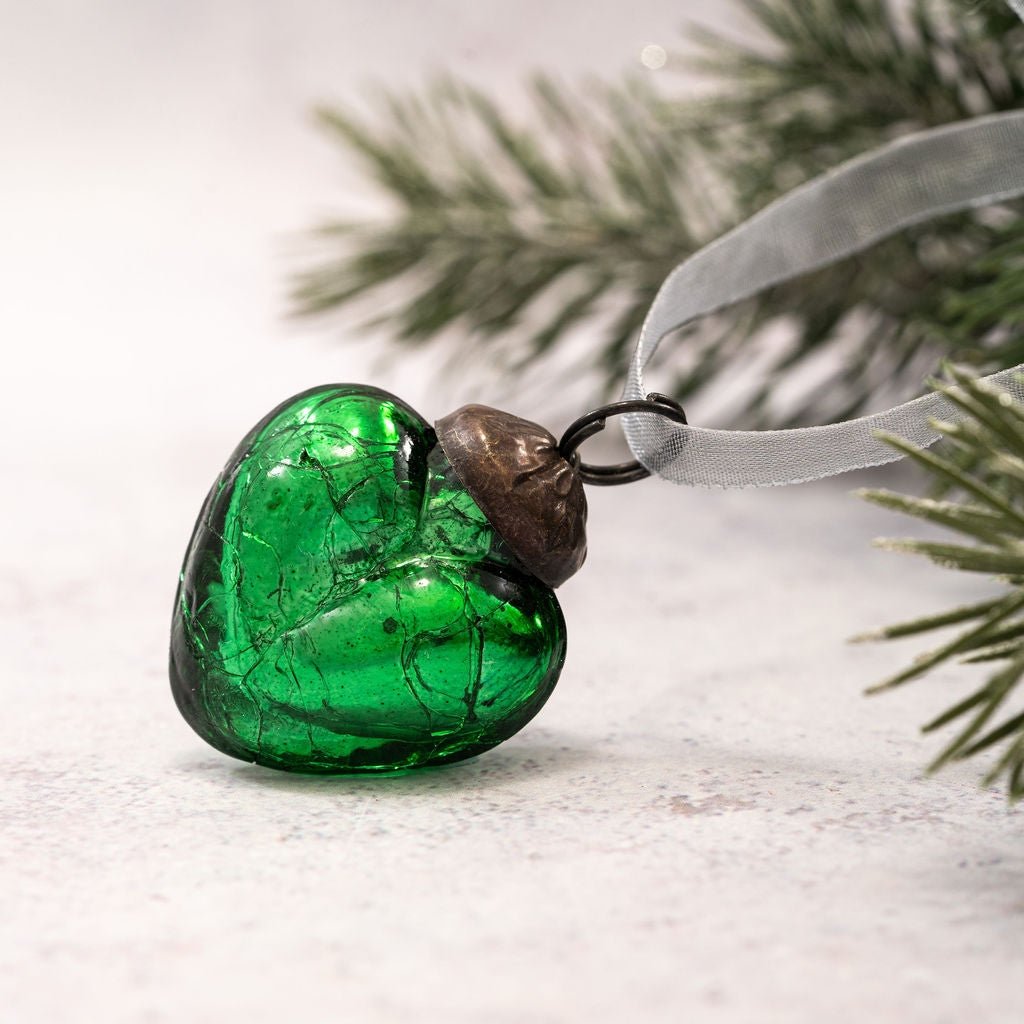 Christmas Handmade 1” Crackle Emerald Heart Ornaments 6 pc Set - The Primitive Pineapple Collection