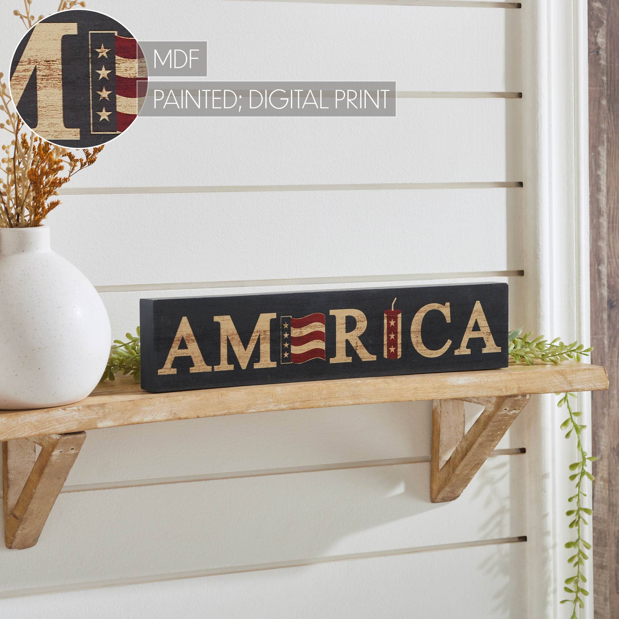 Patriotic AMERICA Flag &amp; Firecracker Block Sign 3x14x1 - The Primitive Pineapple Collection