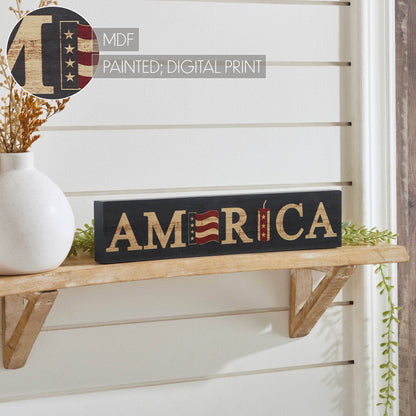 Patriotic AMERICA Flag &amp; Firecracker Block Sign 3x14x1 - The Primitive Pineapple Collection