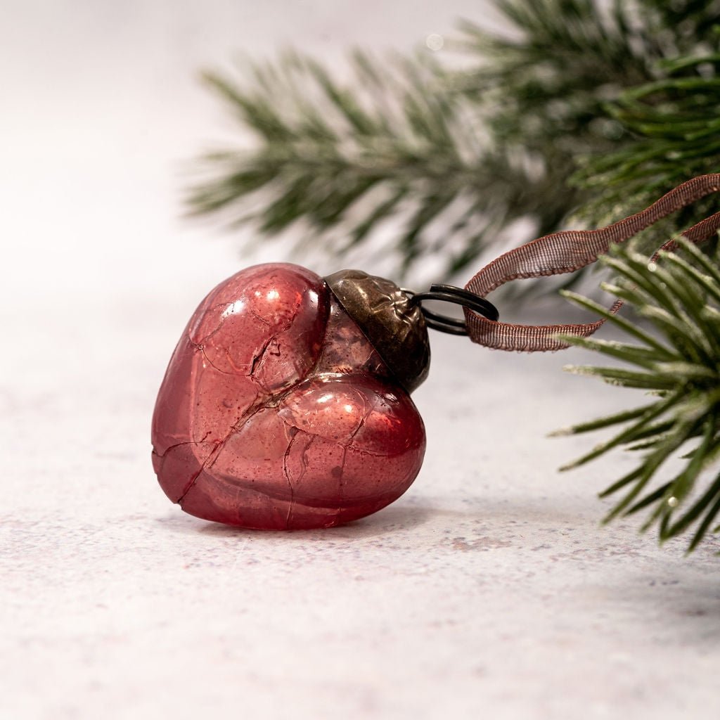 Christmas Handmade 1” Crackle Mauve Heart Ornaments 6 pc Set - The Primitive Pineapple Collection