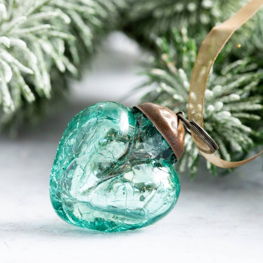 Christmas Handmade 1” Crackle Mint Heart Ornaments 6 pc Set - The Primitive Pineapple Collection