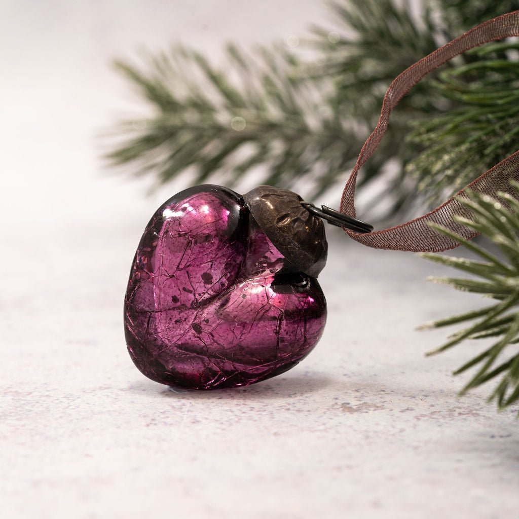 Christmas Handmade 1” Crackle Mulberry Heart Ornaments 6 pc Set - The Primitive Pineapple Collection