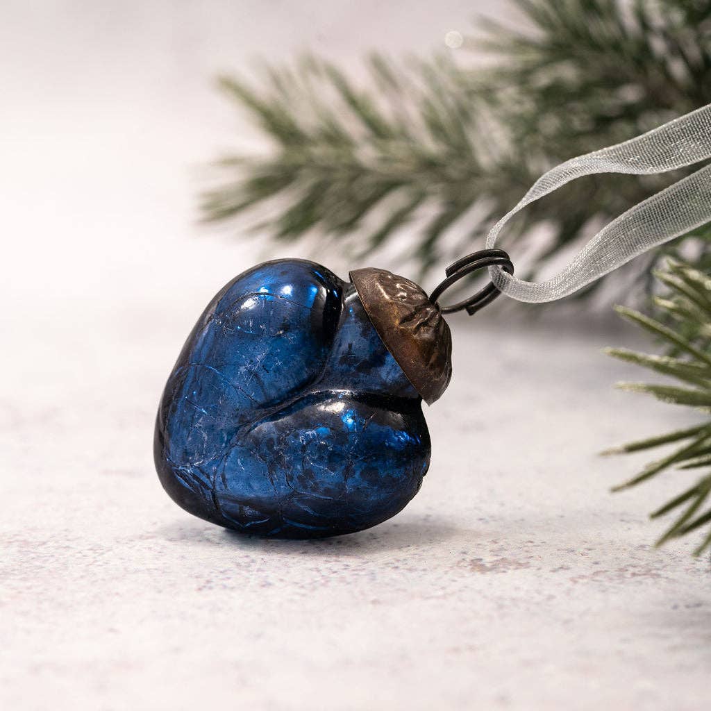 Christmas Handmade 1” Crackle Navy Heart Ornaments 6 pc Set - The Primitive Pineapple Collection