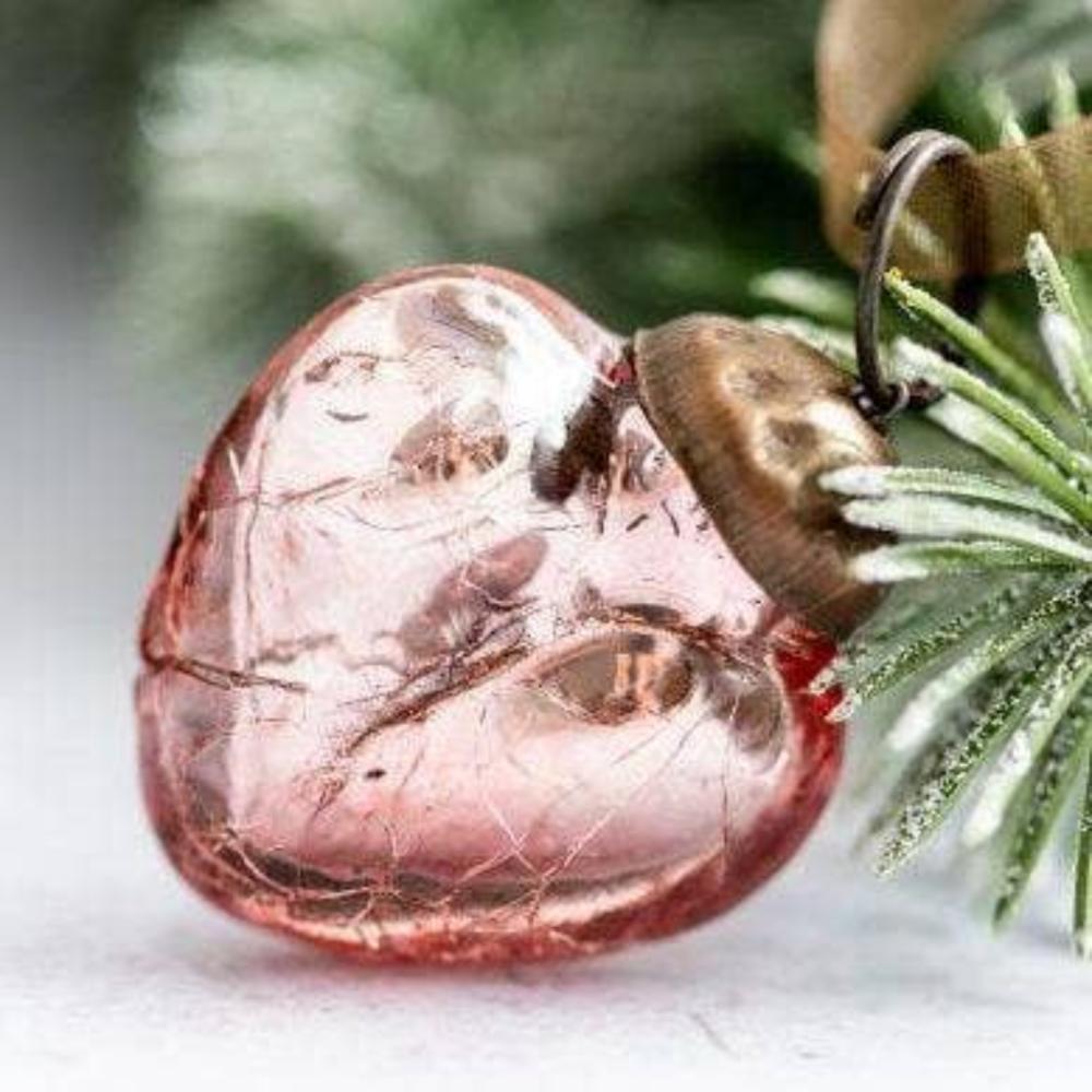 Christmas Handmade 1” Crackle Rose Heart Ornaments 6 pc Set - The Primitive Pineapple Collection