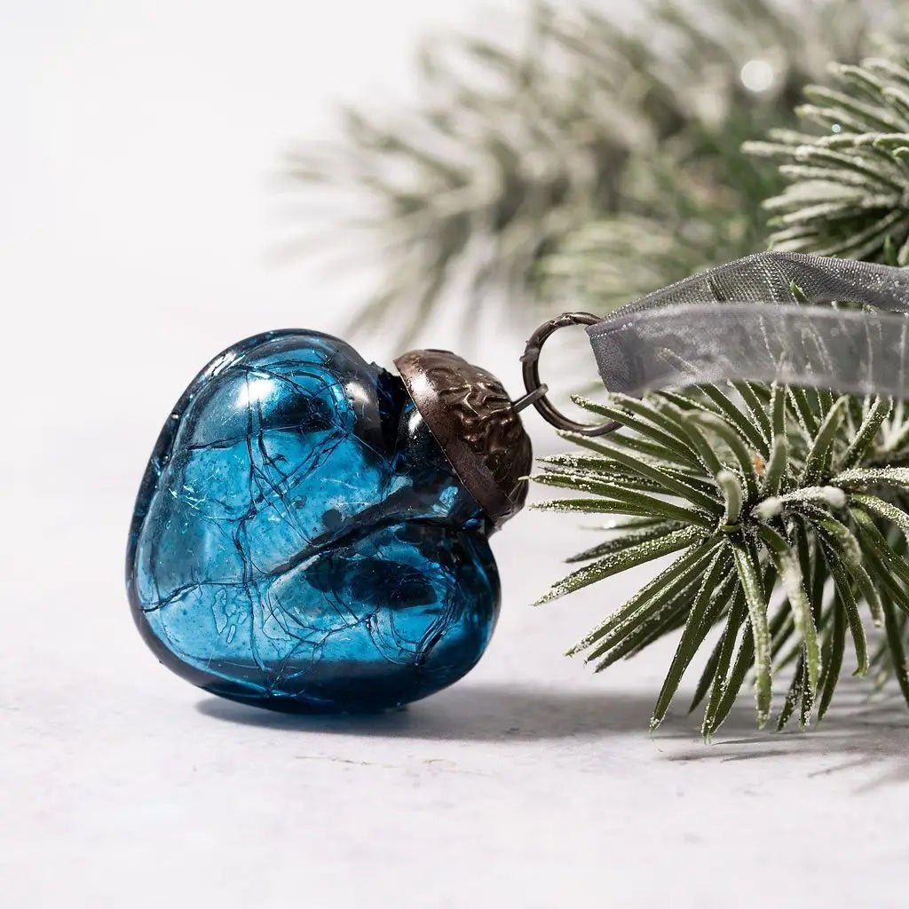 Christmas Handmade 1” Crackle Teal Heart Ornaments 6 pc Set - The Primitive Pineapple Collection